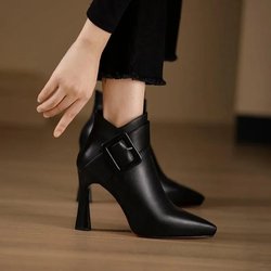 Heißer Verkauf Damen Schuhe Knöchel frauen Stiefel Elegante Moderne Stiefel Frauen Solide Schnalle Zipper Spitz High Heel Weibliche Schuhe 40 schwarz
