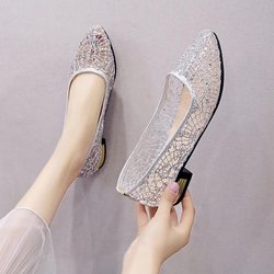 Mesh Lace Hollow Out Pumps Strass Mesh Einzelschuh Damen Dicker Absatz Spitzschuh Flacher Slip-on Atmungsaktiv Pendeln Sommer 35 silber