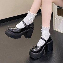 Klobige Plateau High Heels Pumps Damen Herbst PU Knöchelschnalle Mary Jane Schuhe Frau Dick Absatz Weiß Lolita Schuhe 40 schwarz