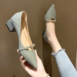 Spitze Zehenpartie Dicke Absätze Damen High Heels Mittelhohe Absätze Shopping Dating Party mit Schuhen Strass Weiche Sohle Damenschuhe 40 grün