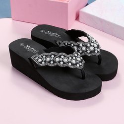 Slipper mit Keilabsatz Damen Strass-Clip Füße Eva Strandbekleidung Sandalen Sommermode Urlaubs-Flip-Flop 37 schwarz