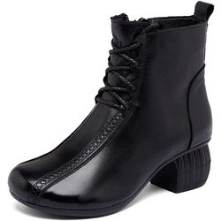 Johnature Plüsch-Kurzstiefel mit dickem Absatz, echtes Leder, lässig, runde Zehenpartie, einfarbig, vielseitige Damenschuhe 41 schwarz