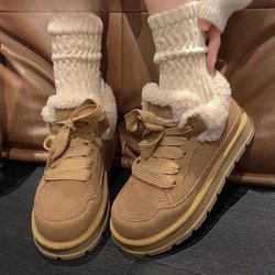 Plateau Damen Pelz Stiefeletten Wildleder Flats Warme Schuhe Casual Schneestiefel Damen Trend Kurze Plüsch Gemütliche Sneakers 40 braun