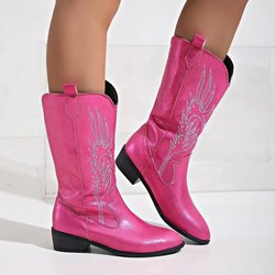 Modische Damenstiefeletten zum Hineinschlüpfen, für Herbst und Winter, dicke Sohle, spitze Zehenpartie, quadratischer Absatz, bestickte Cowboystiefel 40 rose rot