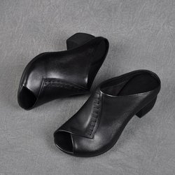 Vintage weiches Leder braune Damen-Hausschuhe mit hohen Absätzen, dicker Absatz, Peep-Toe, bequeme, atmungsaktive Sandalen, modischer Sommer 39 schwarz