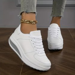 Damen-Wedge-Rocker-Sneaker, lässige, höhenvergrößernde Low-Top-Sneaker zum Schnüren, bequeme Plateauschuhe zum Gehen 38 weiß