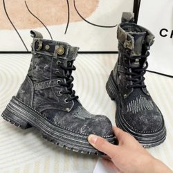 Modische Damenschuhe, modische Schnürstiefel für Damen, Herbststiefel im britischen Stil, runde Zehenpartie, Denim, kurze Plateaustiefel mit klobigen Absätzen 40 schwarz