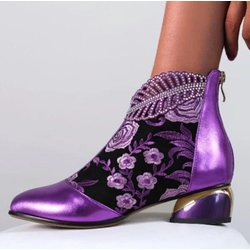 Große Damen-Schuhe im Vintage-Ethno-Stil mit klobigem Absatz und bestickten kurzen Stiefeln 41 violett