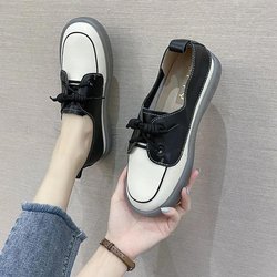 Herbstliche Farbblock-Flachschuhe für Damen aus weichem Leder im koreanischen Stil, Retro-Casual-Sneakers für Mädchen, flache Lederschuhe, Freizeitschuhe 35 schwarz