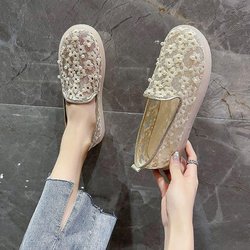 Mesh-Stickerei, weiche Unterseite, ausgehöhlte flache Schuhe, Damen-Stoffschuhe, flacher Mund, ein Fuß auf Bohnenschuhen, einfache, lässige Frühlings- und Sommerschuhe 40 apricot
