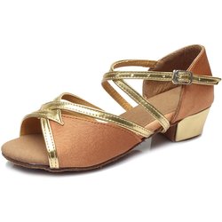 Kind Mädchen Frauen Ball Latin Tango Praxis Satin PU Tanzschuhe Niedriger Absatz Glatte Rutschfeste Tanzschuhe 37 braun