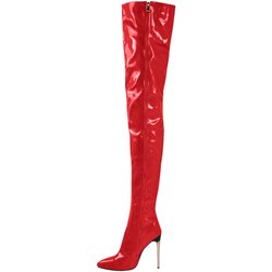 Sexy Damen-Overknee-Stiefel, Mädchen-High-Heel-Stiefel, plissiertes Lackleder, Motorrad, spitze Zehen, Reißverschluss-Schuhe 46