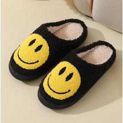 Baumwollhausschuhe mit Cartoon-Smiley-Gesicht - Rutschfeste Hausschuhe für Damen für Wärme im Herbst und Winter 44-45 schwarz