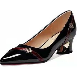 Lackleder Damenschuhe mit hohen Absätzen Weiches Leder Spitz Dicker Absatz Mittelabsatz Flacher Mund Helles Gesicht Arbeitsschuhe Grace Sweet 38 schwarz
