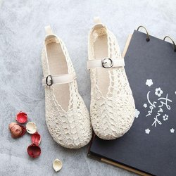 Gestrickte, hohle, flache Schuhe, atmungsaktive Stoffschuhe für Damen, Leinen, weiche Sohle, Bohnenschuhe, schlicht, lässig, Retro, literarischer Stil, Frühling und Sommer 40 beige