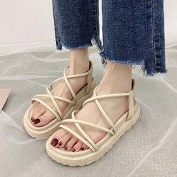 Römersandalen Damen Sommer Flache Sohle College Stil mit Rock Strandschuhe Damen Einfacher Stil Dickbesohlte Rutschfeste Sandalen 35 beige