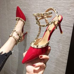 Nieten Nude Farbe High Heels Weibliche Stiletto Spitzschuh Sexy Große Größe Einzelschuhe Damen Abendschuhe 41 rot