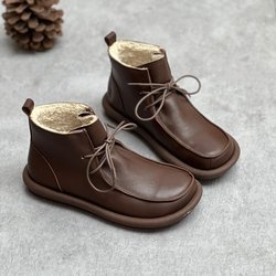 Johnature Vintage-Stiefel aus echtem Leder mit weicher Sohle, runder Spitze, zum Schnüren, lässig, handgefertigt, vielseitig, kurze Stiefel 39-Plush kaffeebraun