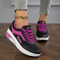 Damen-Wedge-Rocker-Sneaker, lässige, höhenvergrößernde Low-Top-Sneaker zum Schnüren, bequeme Plateauschuhe zum Gehen 39 rose rosa