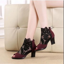 Damen-Sommer-Slipper mit Spitze, mittlerer Absatz, Übergrößen-Sandalen, atmungsaktives Mesh, modisch, bequeme High Heels 38 rot