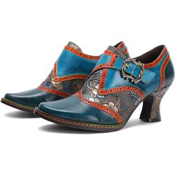 Johnature Damen-Schuhe, Pumps, High Heels, echtes Leder, spitze Zehenpartie, Retro-Blumenmuster, handgefertigte Damenschuhe 39 blau
