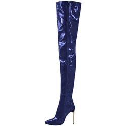 Sexy Damen-Overknee-Stiefel, Mädchen-High-Heel-Stiefel, plissiertes Lackleder, Motorrad, spitze Zehen, Reißverschluss-Schuhe 44