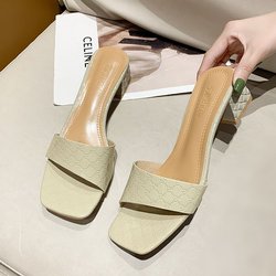 Damen Sandalen mit quadratischem Kopf und mittlerem Absatz, Blockabsatz, einzeilig, rutschfest, bequeme Strandschuhe mit weicher Sohle, Hausschuhe 40 grün