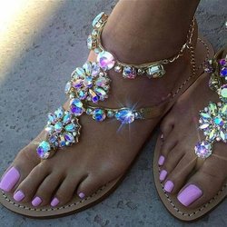 Damenmode Strandschuhe Strass Metallkette Kristall Sandalen Slip On Flip Flops Sandalen 38 gold