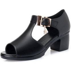 Fischmaulsandalen Römische Damen-Dicke Absätze Allgleiches Mittlerer Absatz Dicke Damenschuhe Bequeme High Heels Ein-Wort-Schnalle 35 schwarz