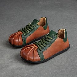 Johnature Retro-Damen-Flachschuhe, gemischte Farben, runde Zehenpartie, Schnürung, echtes Leder, handgefertigt, bequeme Schuhe 37 braun