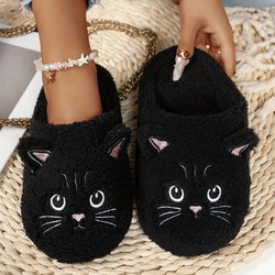 Damen Plüsch-Slipper zum Hineinschlüpfen mit Katzen-Design - Weiches Plüschgewebe Niedliche Cartoon-Kätzchen Hausschuhe 38-39 schwarz