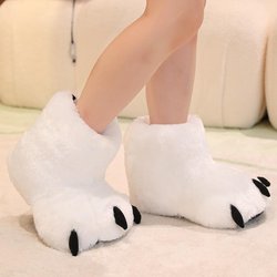 Fashion Cute Cartoon Paw Faux Fur Shoes Woman Winter Home Floor Fluffy Slippers Soft Plush Girls Indoor Snow Boots Funny Party Shoes One Size