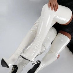 Mode Lackleder Overknee Stiefel Damen High Heels 2025 Neu Große Größe Sexy Oberschenkelhohe Stiefel Stiletto Damenstiefel Botas Mujer 44 weiß