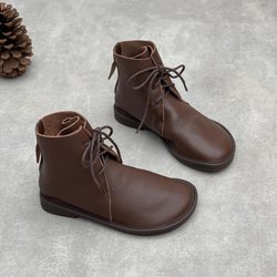 Johnature Retro-Kurzstiefel aus echtem Leder, lässig, runde Zehenpartie, vielseitige einfarbige Damenschuhe aus weichem Rindsleder mit weicher Sohle 41 kaffeebraun