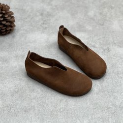 Johnature echtes Leder, einfarbig, flache Schuhe für Damen, prägnante Retro-Handarbeit, runde Zehen, flache Slip-on-Schuhe 37 kaffeebraun