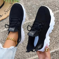 Atmungsaktive Strick-Sneaker für Damen, leichte, bequeme Low-Top-Laufschuhe mit weicher Sohle für alle Jahreszeiten 39 schwarz