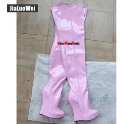 18 cm hohe Keilabsatz-Stiefel, Plattform, sexy Fetisch, SM, atemberaubende schlanke Overknee-Oberschenkelhohe Stiefel, Unisex, Übergröße 36–46 45 rosa