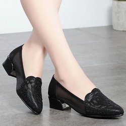 Netzsandalen Hohl Wasserdiamant Dekoration Damen Niedriger Absatz Pumps Weiches Leder Atmungsaktiv Pendeln Flach Slipper Frühling Sommer 36 schwarz