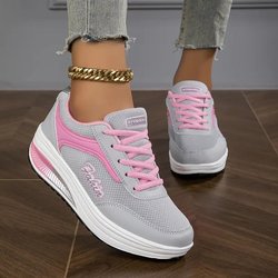 Damen-Wedge-Rocker-Sneaker, lässige, höhenvergrößernde Low-Top-Sneaker zum Schnüren, bequeme Plateauschuhe zum Gehen 38 rosa