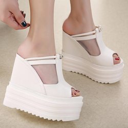 Sommer Innenhöhe Damen Hausschuhe 14cm Super Hochhackige Keilabsätze Pantoletten Plateauschuh Neue Mode High Heels Damen Pumps 34 weiß