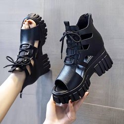 Sommer-Römersandalen mit weichen Sohlen, Damenmode, vielseitige, hochhackige Sandalen mit dicken Sohlen, Fischmaul-Muffin-Schuhe mit schrägen Absätzen 40 schwarz