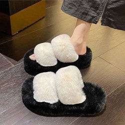 Süße Damenmode, flauschige Kunstfell-Hausschuhe, bequem, weich, Plüsch, rutschfest, für drinnen und draußen, flache Hausschuhe, Sandalen 36-37 weiß