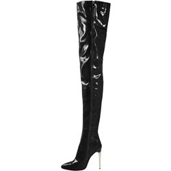 Sexy Damen-Overknee-Stiefel, Mädchen-High-Heel-Stiefel, plissiertes Lackleder, Motorrad, spitze Zehen, Reißverschluss-Schuhe 45