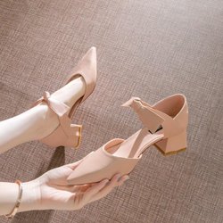 Französisch Mädchen High Heels Fee Schuhe Sanfte Einzelne Schuhe Weibliche Frühling Modelle Bogen Spitz Dick 39 apricot