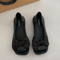 WTEMPO Große Damen-Einzelschuhe Frühling und Herbst Retro Britischer Stil Quadratische Zehenpartie Schleife Einfarbig Niedriger Quadratischer Absatz Weiche Sohle Weiche Lederschuhe 40 schwarz