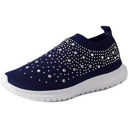 Slip-On-Sneakers mit Strass-Dekor für Damen – Bequeme, gestrickte Low-Top-Sneaker für lässiges Gehen im Fitnessstudio 39 navy blau