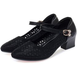 Damen-Pumps mit Strasssteinen, einzelne Pumps, Damen, elegant, Mesh, hohl, atmungsaktiv, weiche Sohle, dicker mittelhoher Absatz, Sandalen, Slipper 40 schwarz