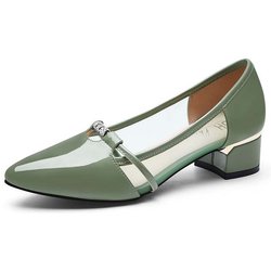 Helle spitze Zehen-Lederschuhe für Damen, flacher Mund, Mesh, ausgehöhlt, künstliches weiches Leder, Arbeitsschuhe mit dicken Absätzen, Frühling und Sommer 40 grün