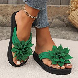 Bestellen Sie eine Nummer größer, Ganzjahres-Flip-Flops mit Blumenverzierung – 1 Stück Damen-Slipper in einfarbiger Urlaubsoptik – Obermaterial aus Stoff, Sohle und Innensohle aus EVA, mittlerer Absatz 41 grün