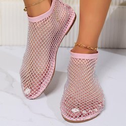 Strandsandalen Damen Netzstrümpfe Aushöhlen Niedrigen Absatz Flache Sandalen Damen 35 rosa